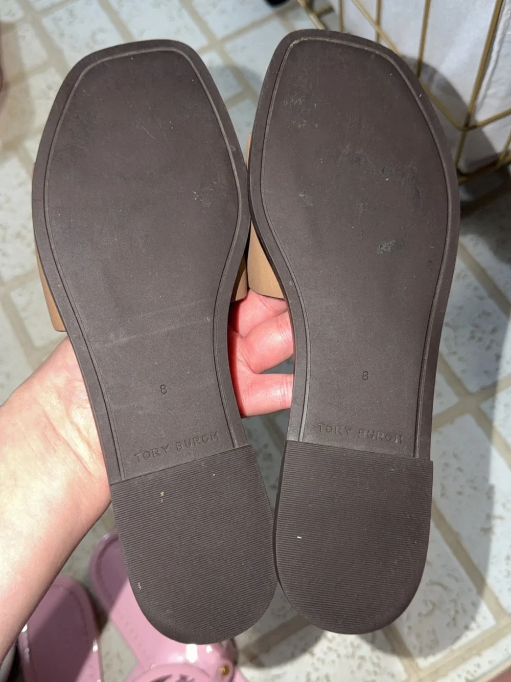 Tory Burch Cognac Leather Logo Slide Sandals
